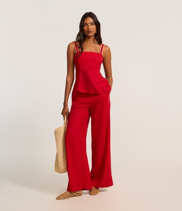 Calça Pantalona em Viscolinho com Bolinhas nos Bolsso