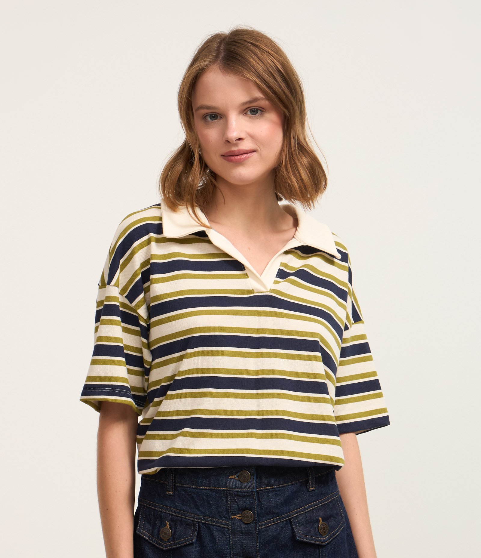 Camiseta Oversized Boxy em Algodão com Gola Polo e Listras Branco 1