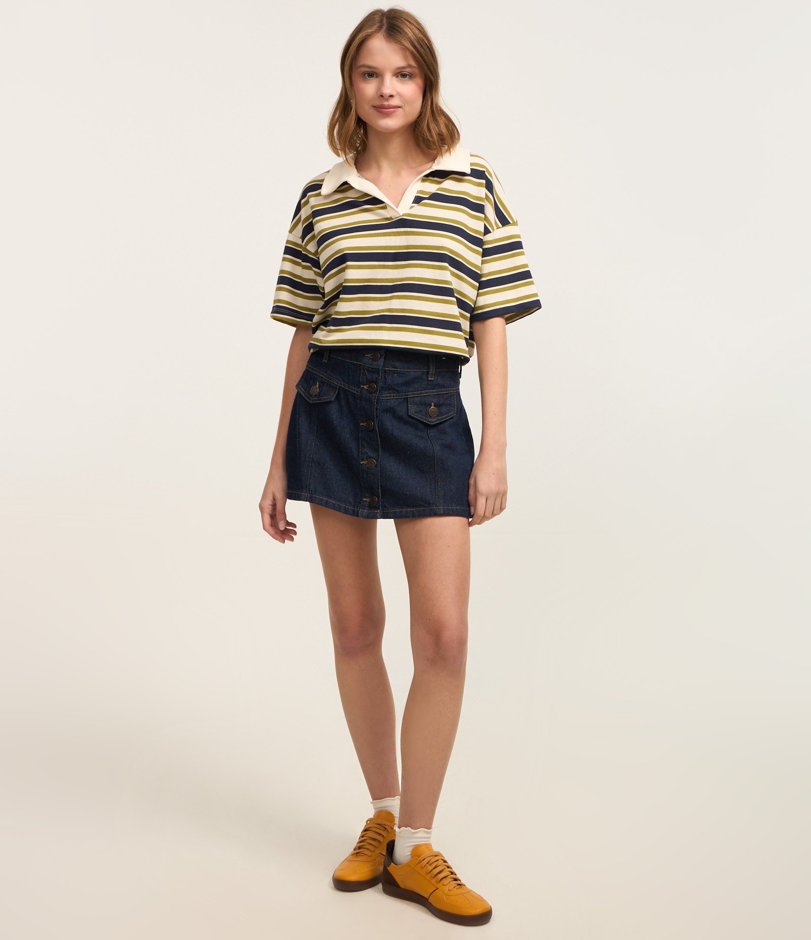 Camiseta Oversized Boxy em Algodão com Gola Polo e Listras Branco 2