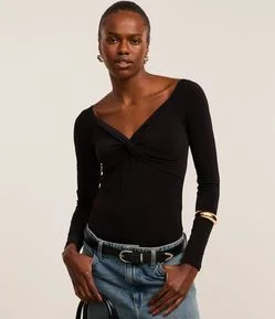 Body em Microfibra com Torcido no Busto e Decote V