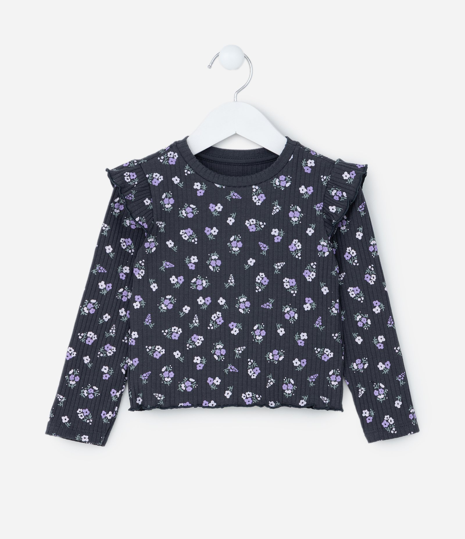 Blusa Infantil Canelada com Estampa Floral - Tam 1 a 6 Anos Cinza 1