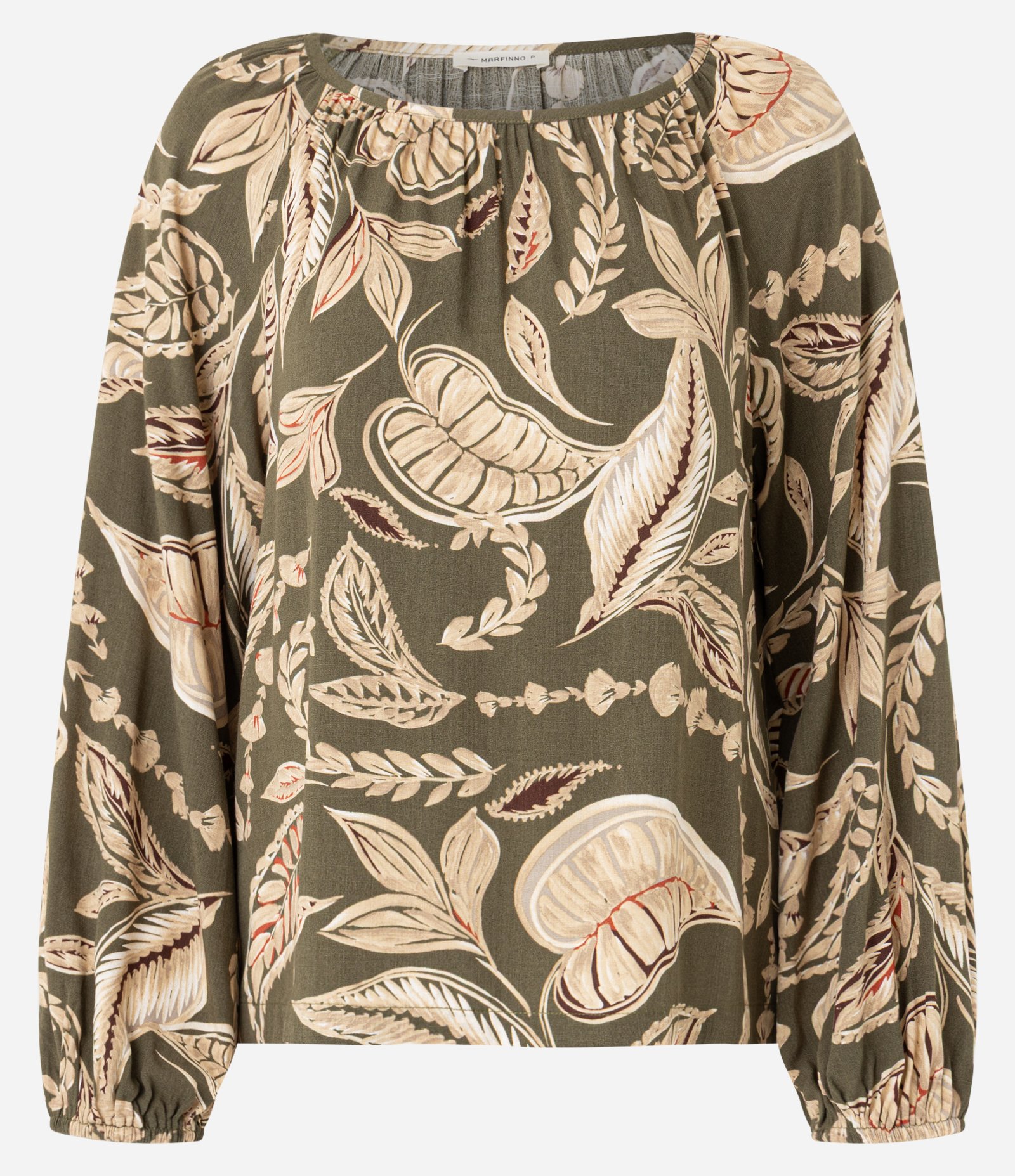 Blusa em Viscose com com Elástico no Decote e Estampa Folhagem Verde/Bege 1