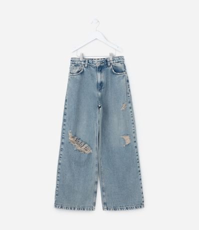 Calça Wide Leg Infantil em Jeans Dirty com Puídos - Tam 5 a 14 Anos Calça Wide Leg Infantil em Jeans Dirty com Puídos - Tam 5 a 14 Anos