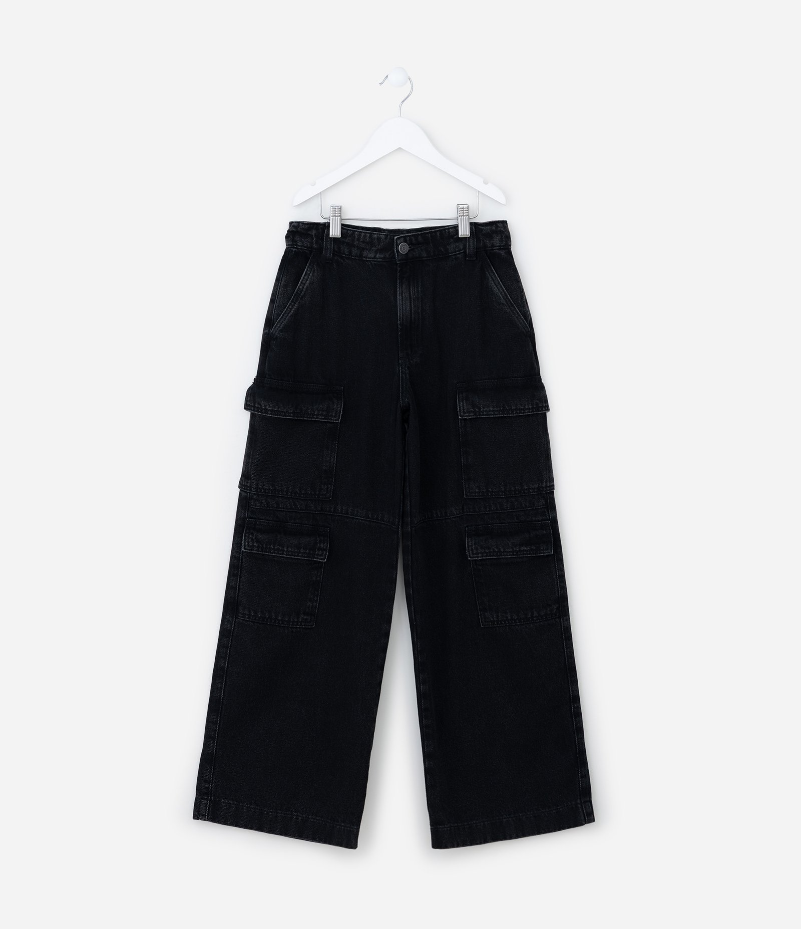 Calça Wide Leg Infantil em Sarja com Bolsos Cargo - Tam 5 a 14 Anos Preto 1