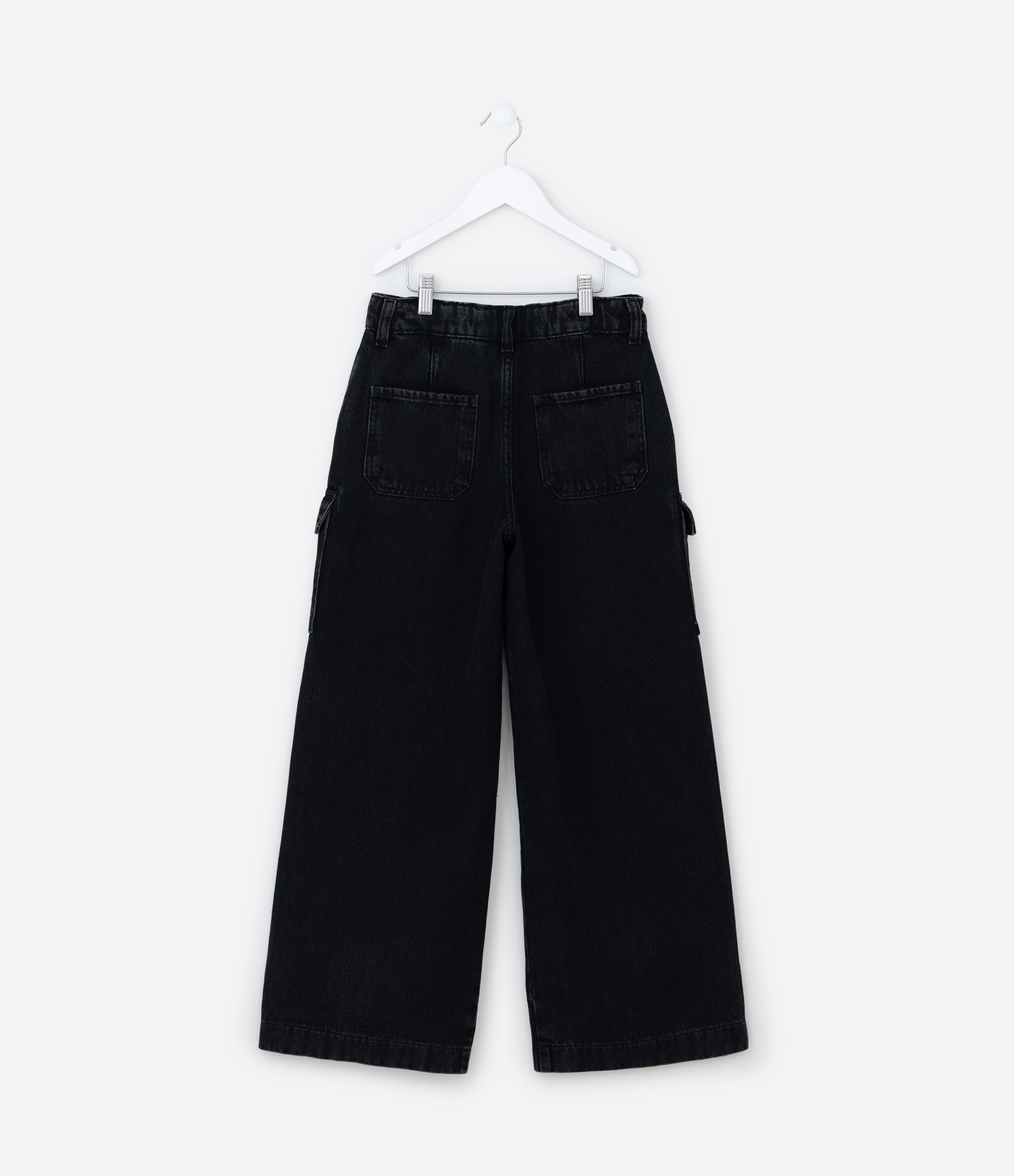 Calça Wide Leg Infantil em Sarja com Bolsos Cargo - Tam 5 a 14 Anos Preto 2