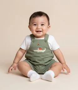 Jardineira Infantil em Sarja com Estampa Bordada Crocodilo - Tam 3 a 18 Meses