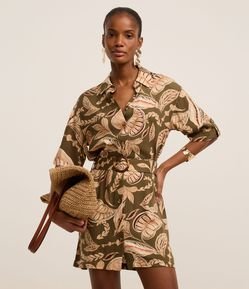 Vestido Boho Chemise Curto em Viscose com Estampa Folhagem