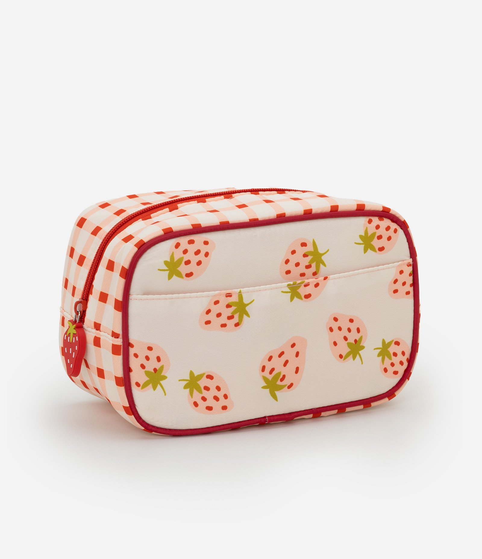 Nécessaire Retangular Media com Estampa de Moranguinho e Chaveiro Off White/Vermelho 1