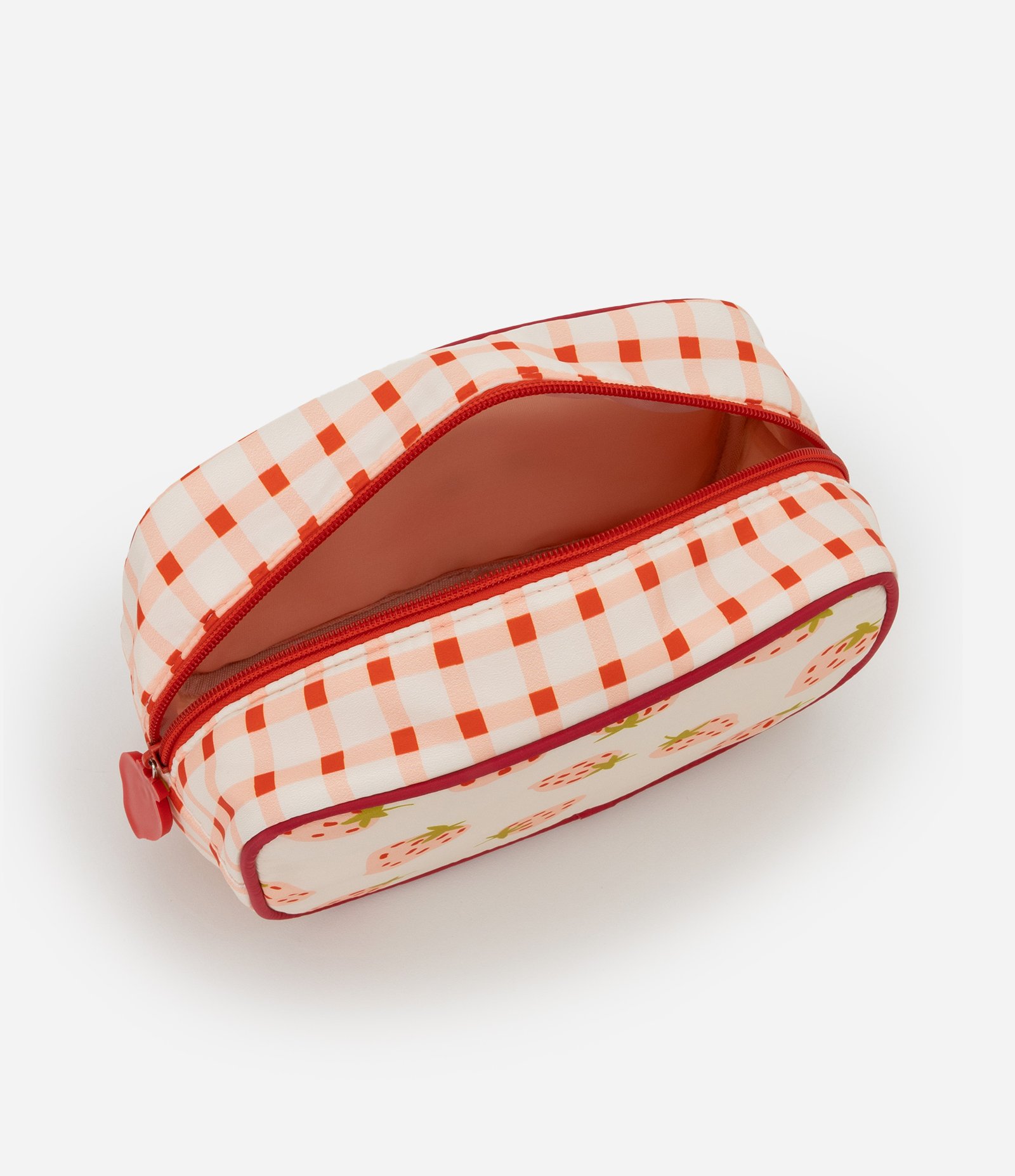 Nécessaire Retangular Media com Estampa de Moranguinho e Chaveiro Off White/Vermelho 3