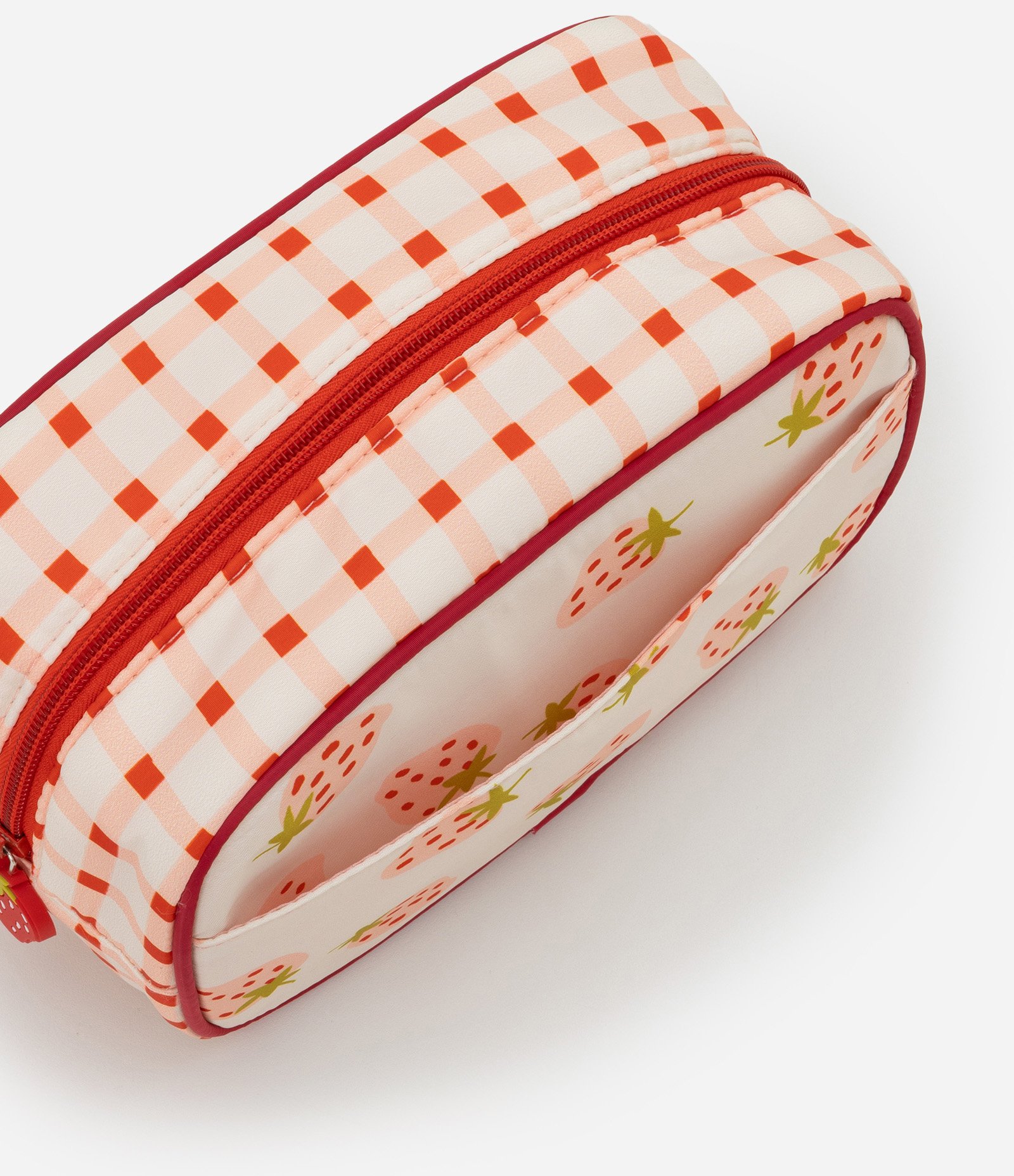 Nécessaire Retangular Media com Estampa de Moranguinho e Chaveiro Off White/Vermelho 4