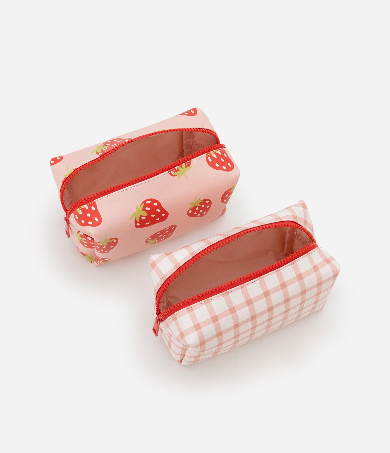 Kit 03 Nécessaires em Pu com Estampa Xadrez e Morango Off White/Morango 3