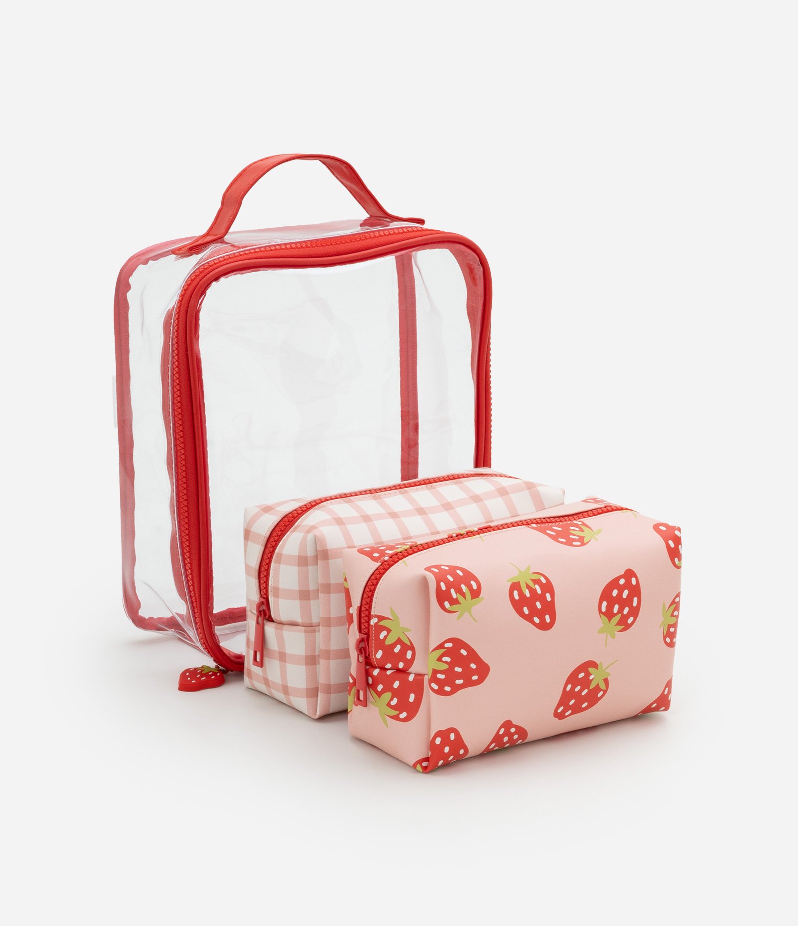 Kit 03 Nécessaires em Pu com Estampa Xadrez e Morango Off White/Morango 4