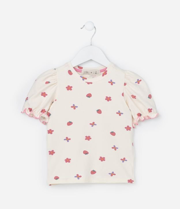 Blusa Infantil com Manga Bufante e Estampa Morangos - Tam 1 a 6 Anos