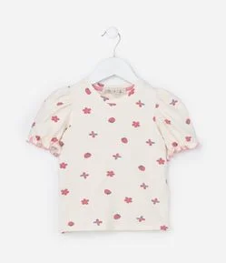 Blusa Infantil com Manga Bufante e Estampa Morangos - Tam 1 a 6 Anos