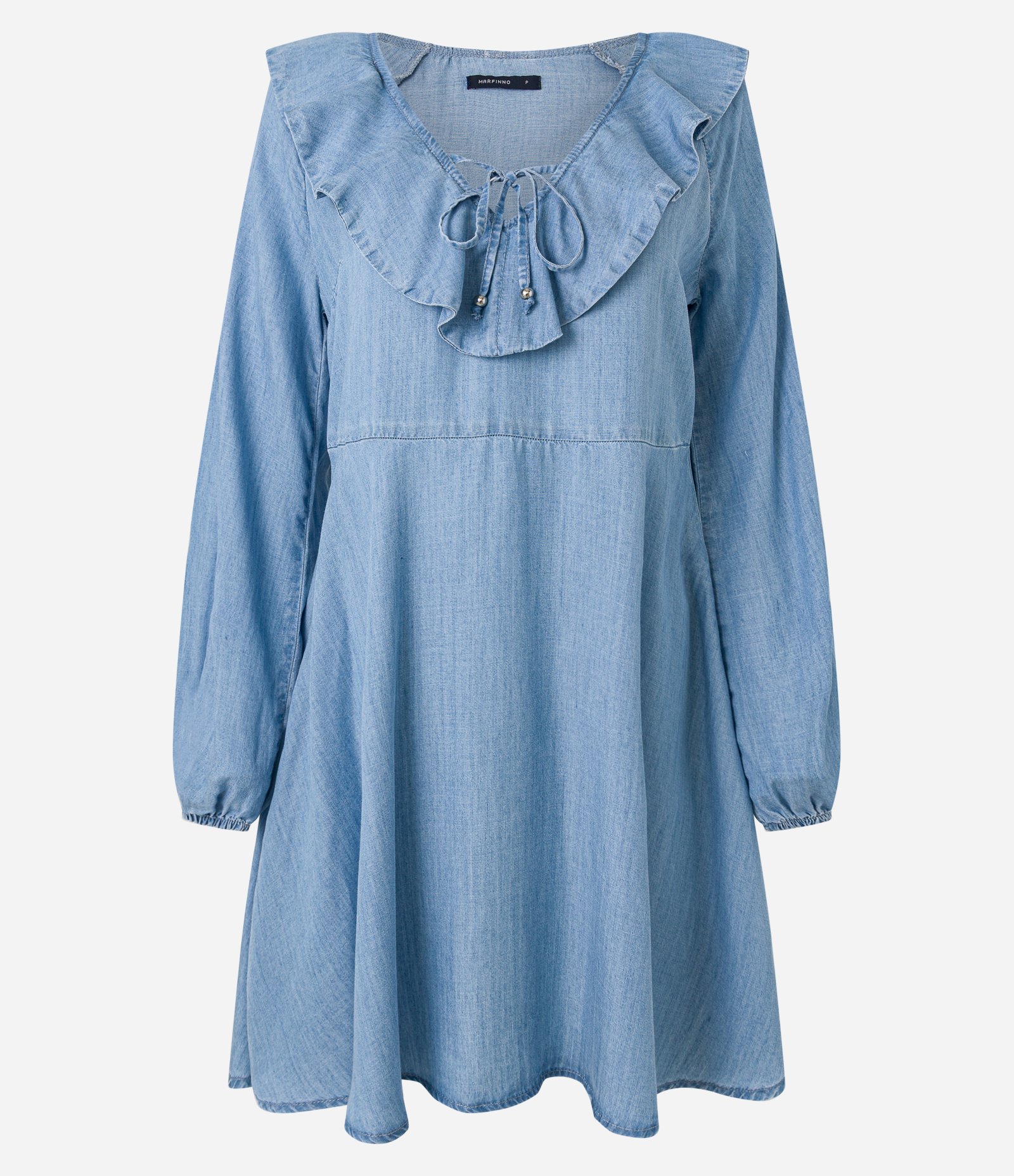 Vestido Curto em Jeans com Babado e Amarração na Gola Azul 7