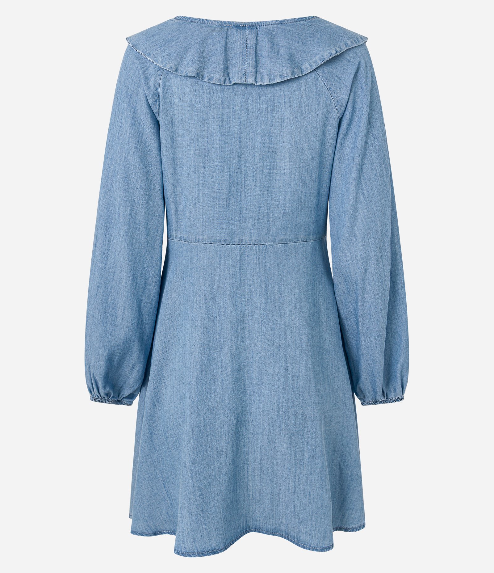 Vestido Curto em Jeans com Babado e Amarração na Gola Azul 8
