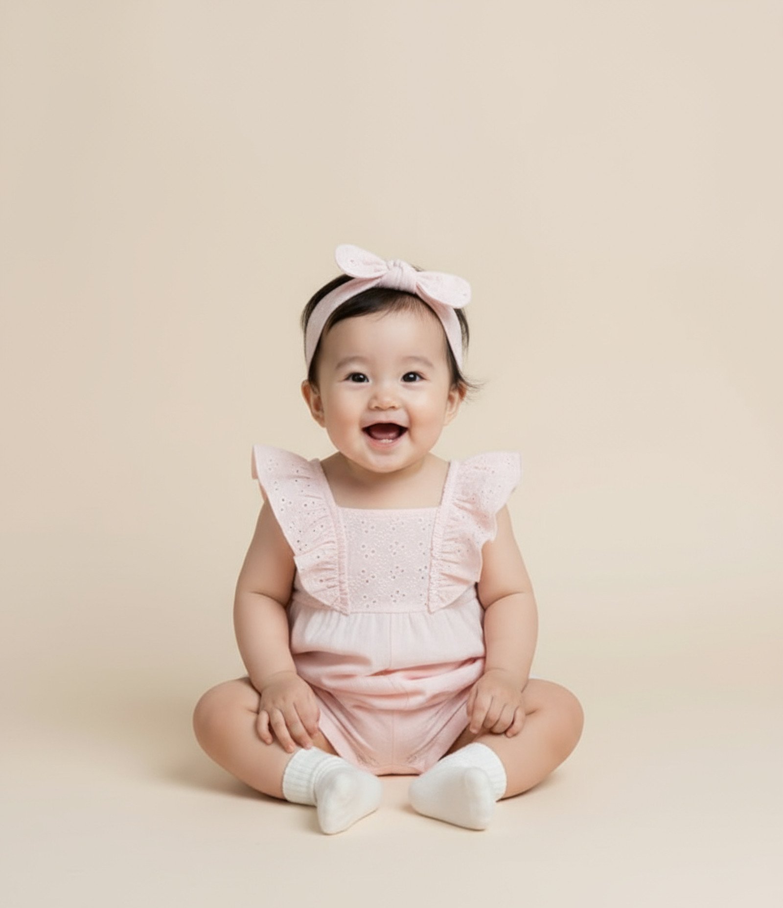 Macaquinho em Tricoline com Babado Broderie e Faixa de Cabelo - Tam 0 a 18 Meses Rosa 1