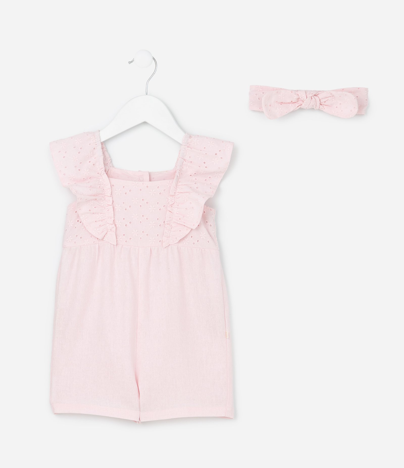 Macaquinho em Tricoline com Babado Broderie e Faixa de Cabelo - Tam 0 a 18 Meses Rosa 2