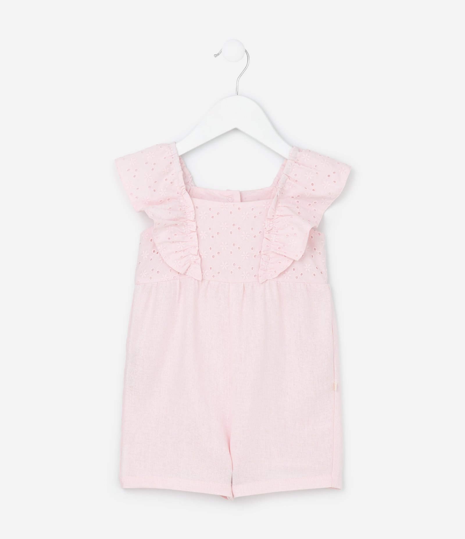 Macaquinho em Tricoline com Babado Broderie e Faixa de Cabelo - Tam 0 a 18 Meses Rosa 3