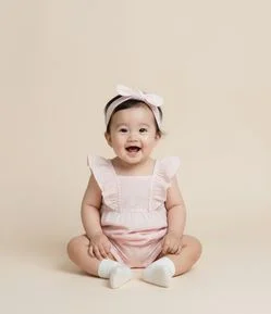 Macaquinho em Tricoline com Babado Broderie e Faixa de Cabelo - Tam 0 a 18 Meses