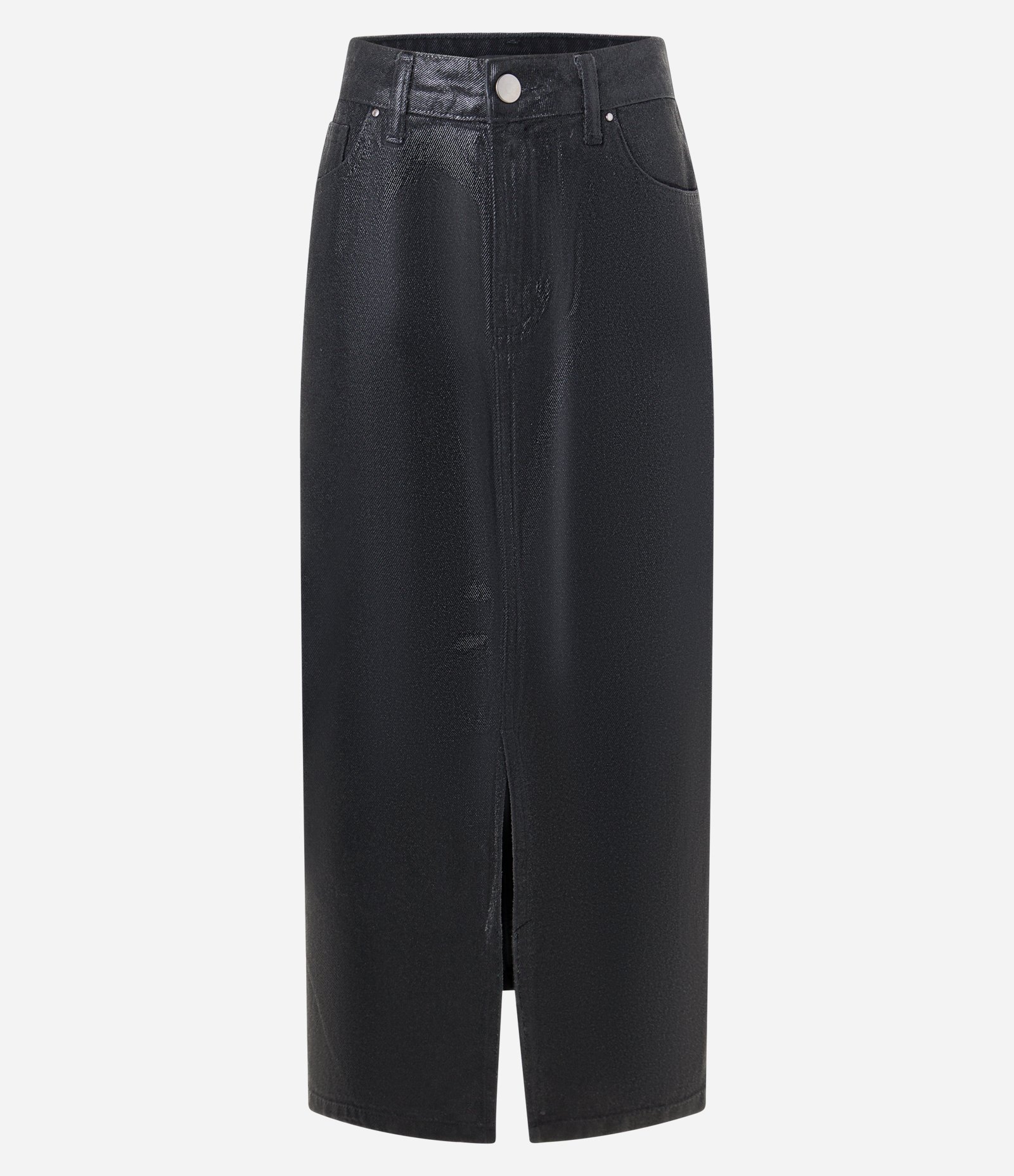 Saia Reta New Midi em Jeans Resinado com Fenda Frontal Preto 6