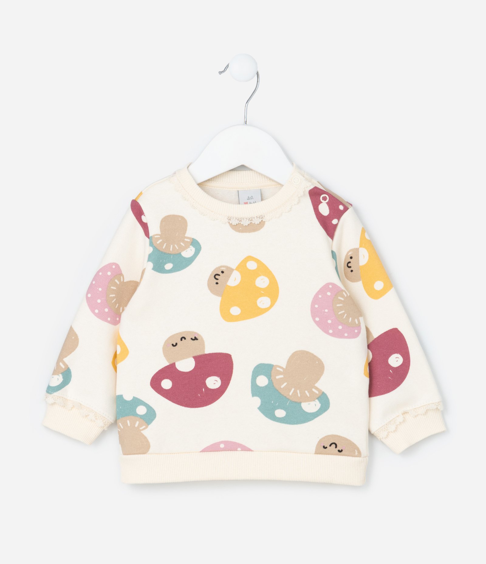 Casaco Infantil com Detalhes em Renda e Estampa Cogumelos - Tam 0 a 18 meses Bege 1