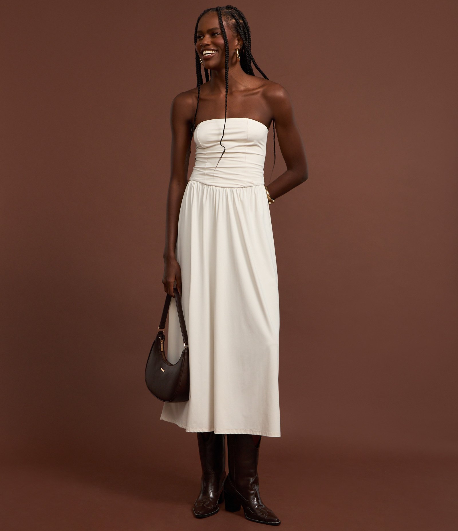 Vestido Long Midi em Microfibra com Lastex nas Costas Off White 4