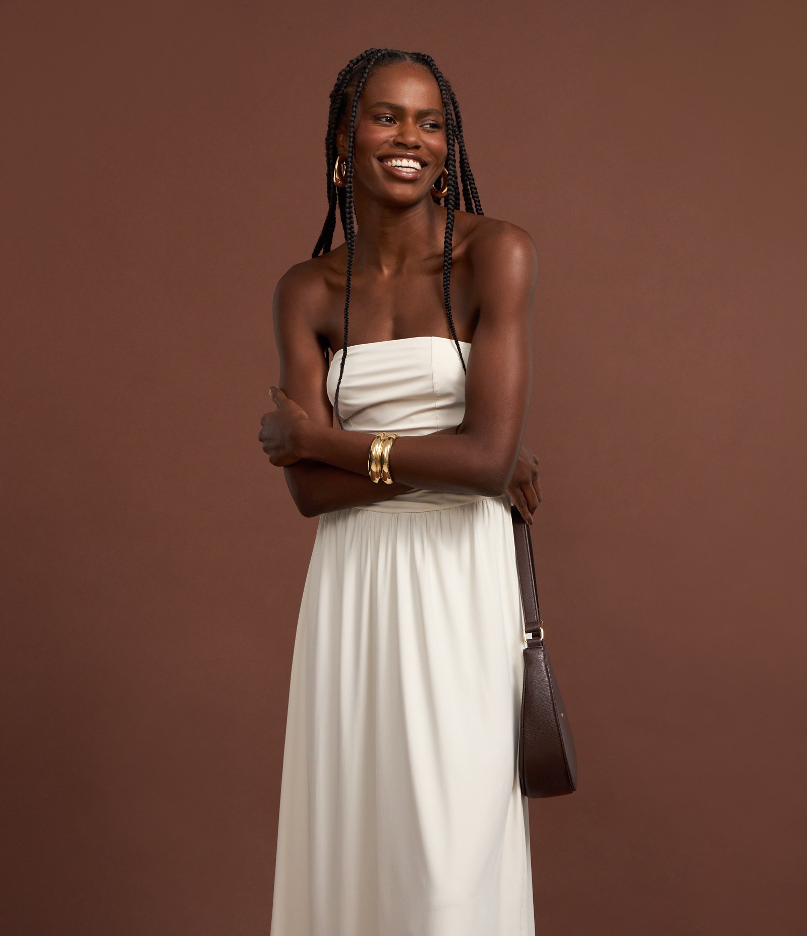 Vestido Long Midi em Microfibra com Lastex nas Costas Off White 5