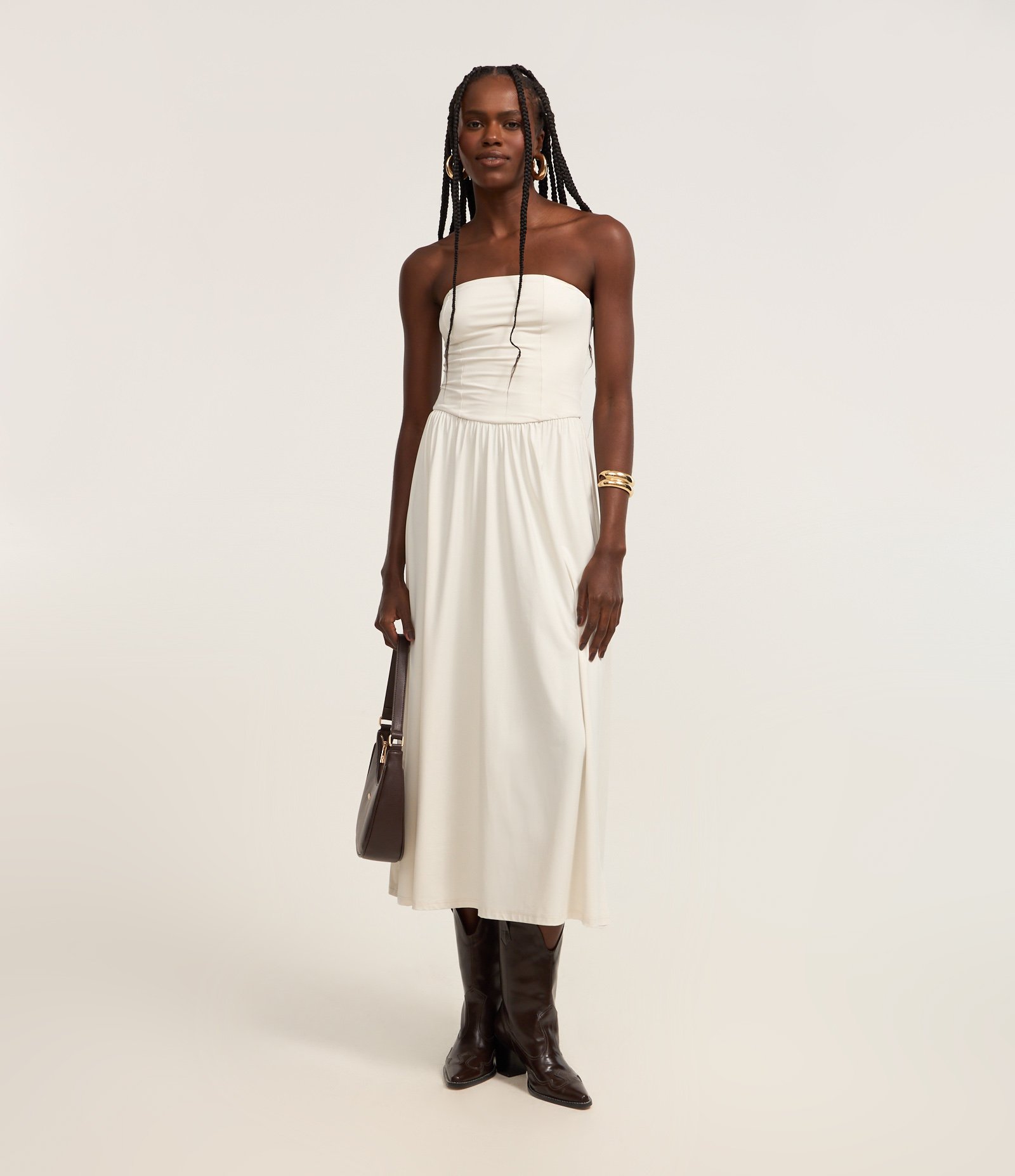 Vestido Long Midi em Microfibra com Lastex nas Costas Off White 1