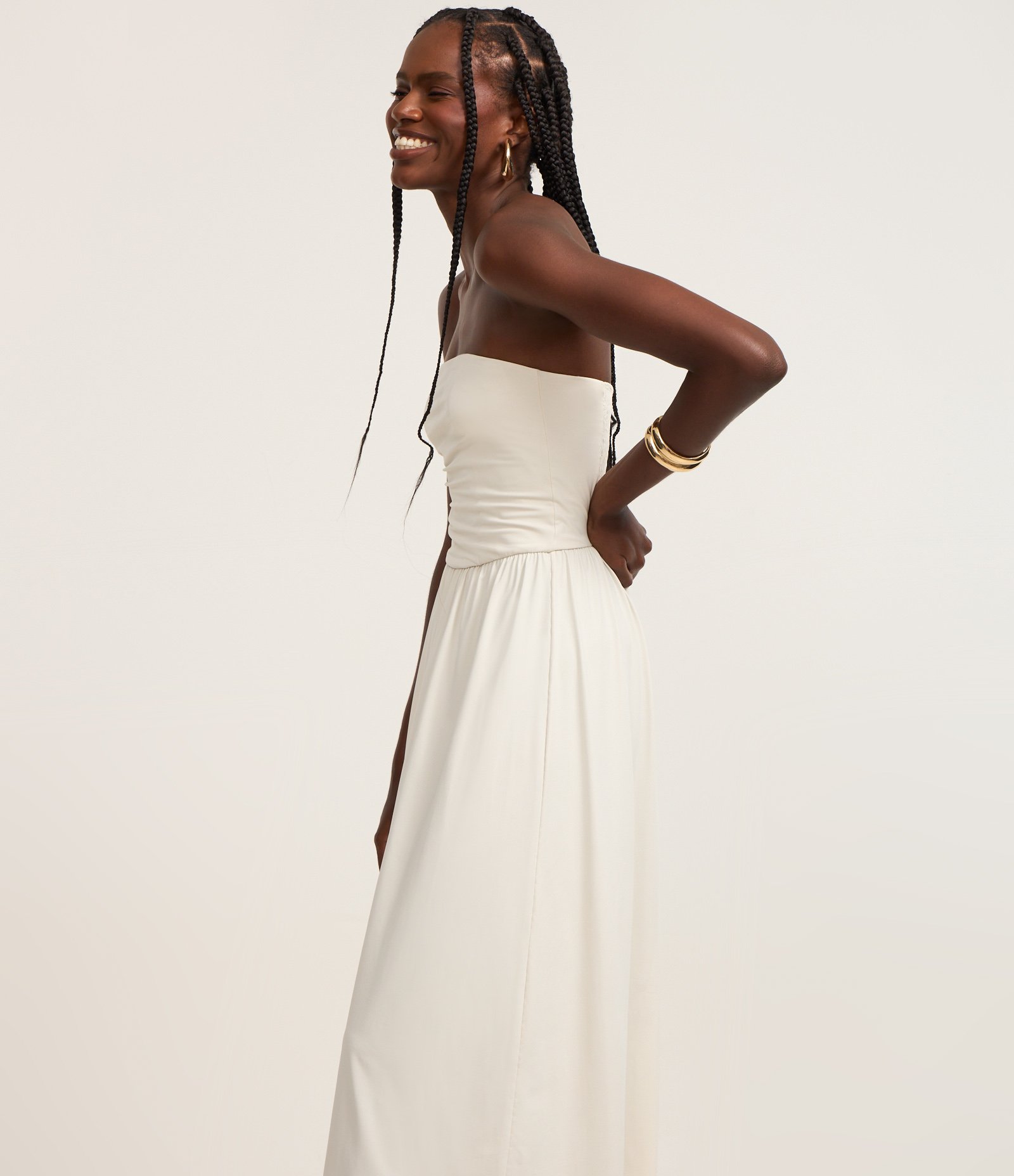 Vestido Long Midi em Microfibra com Lastex nas Costas Off White 2