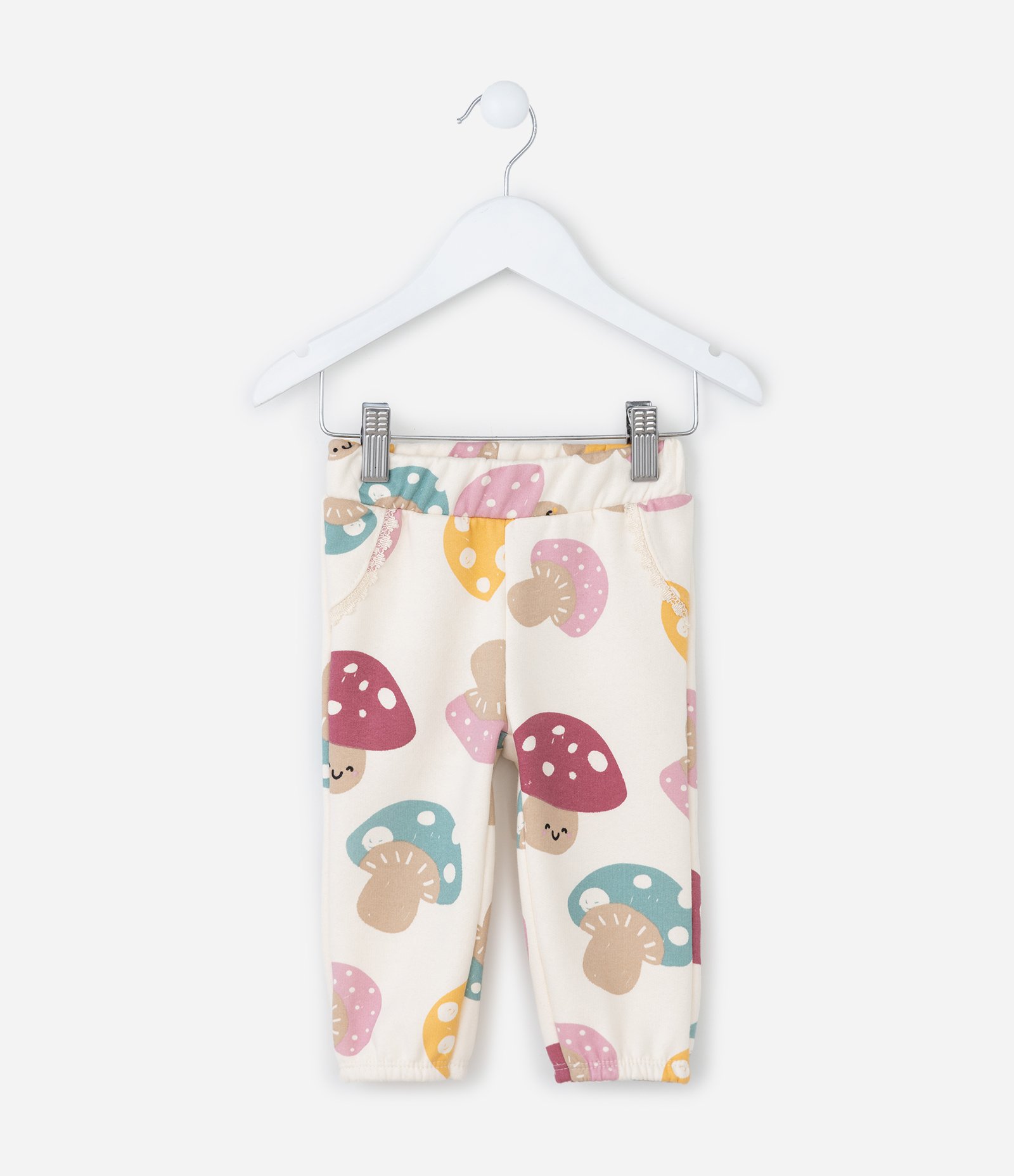 Calça Infantil com Detalhe em Renda e Estampa Cogumelos - Tam 0 a 18 meses Bege 1