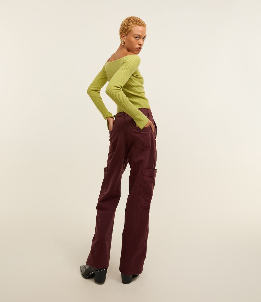 Calça Cargo Cintura Alta em Sarja com Bolso Lateral Vinho Renner