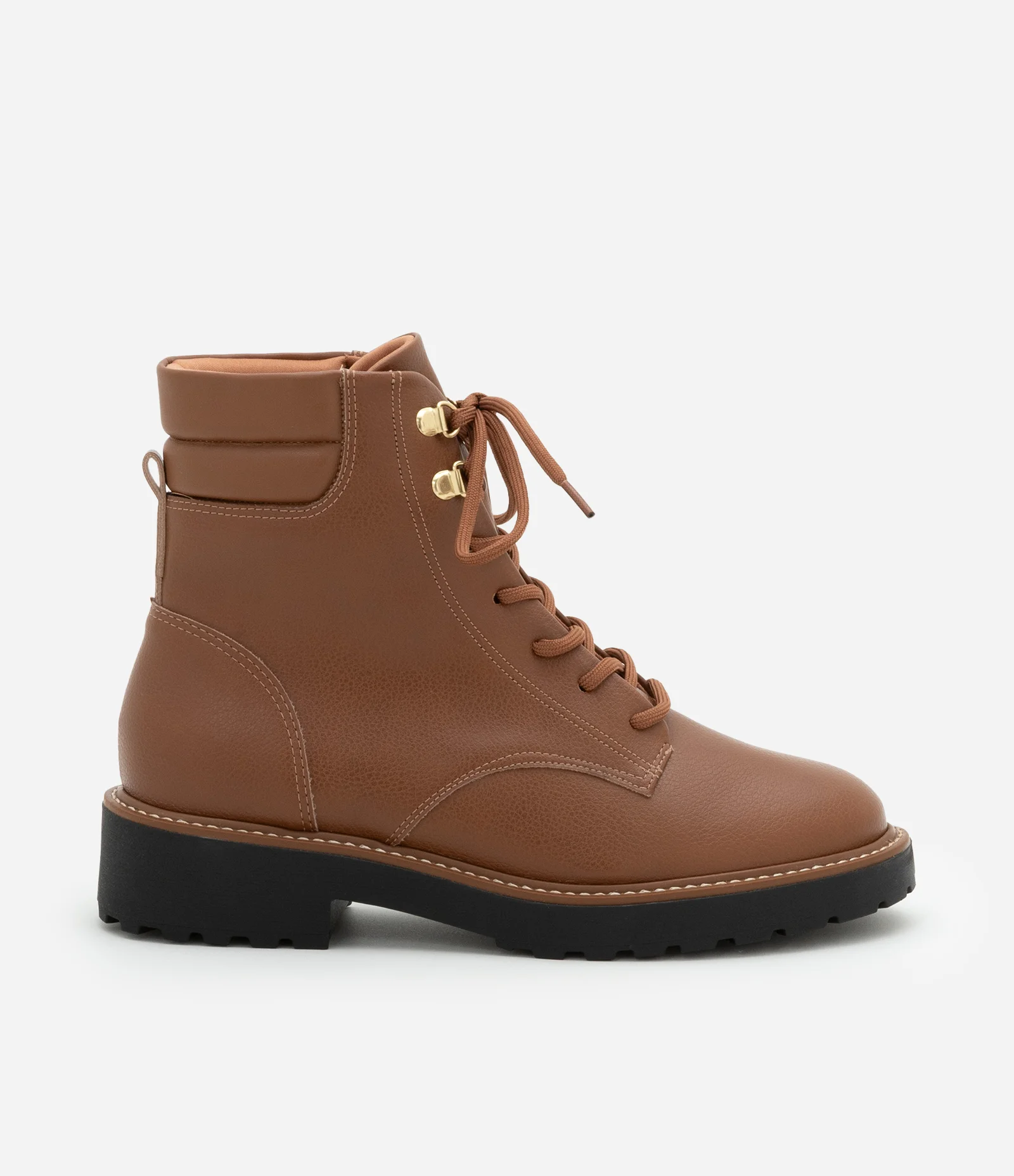 Bota Coturno em PU com Recortes Pespontados Marrom Claro 1