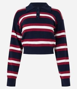 Suéter em Tricô com Listras e Gola Polo