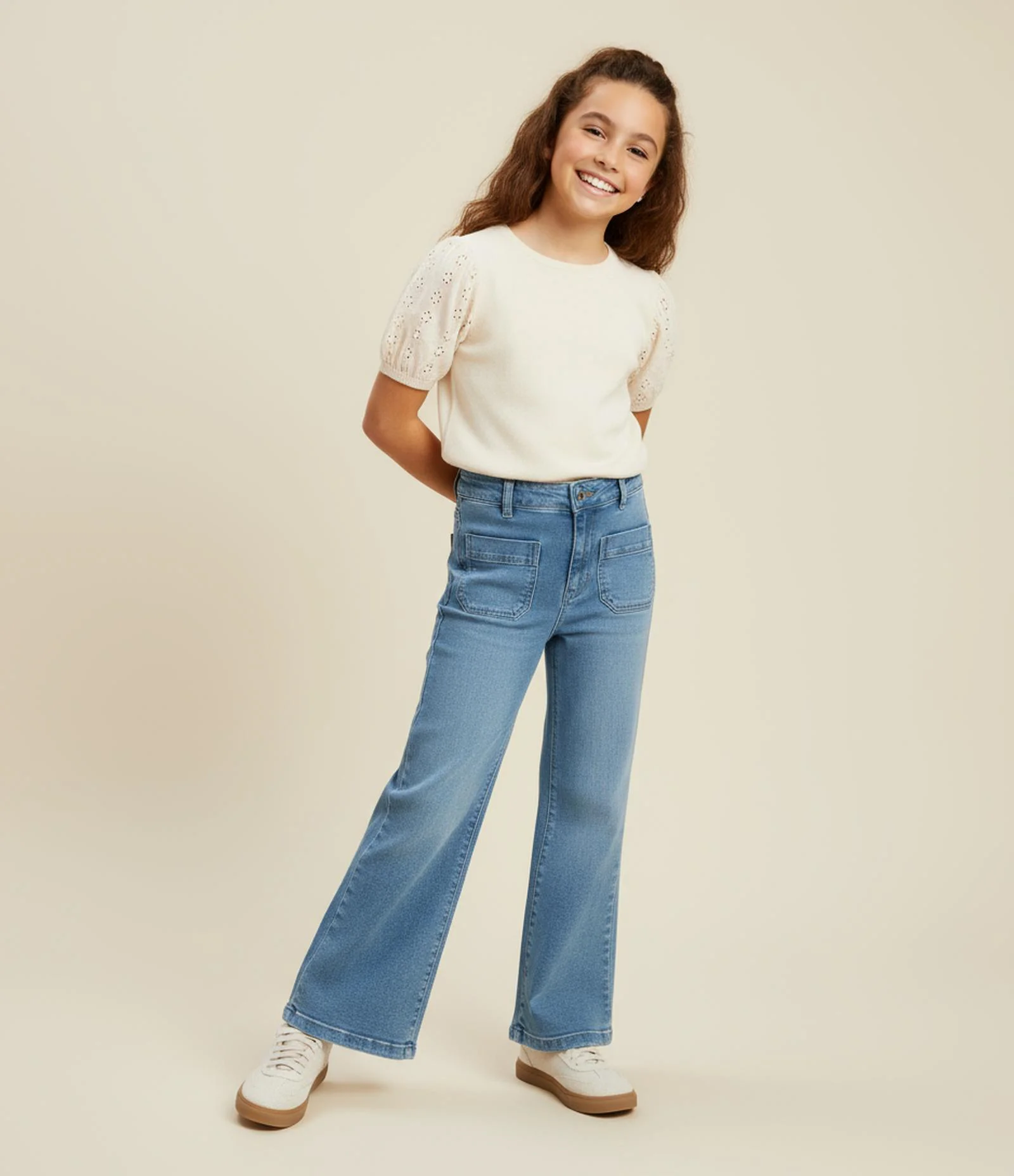 Blusa Infantil em Ribana com Broderie na Manga - Tam 5 a 14 Anos Bege 1
