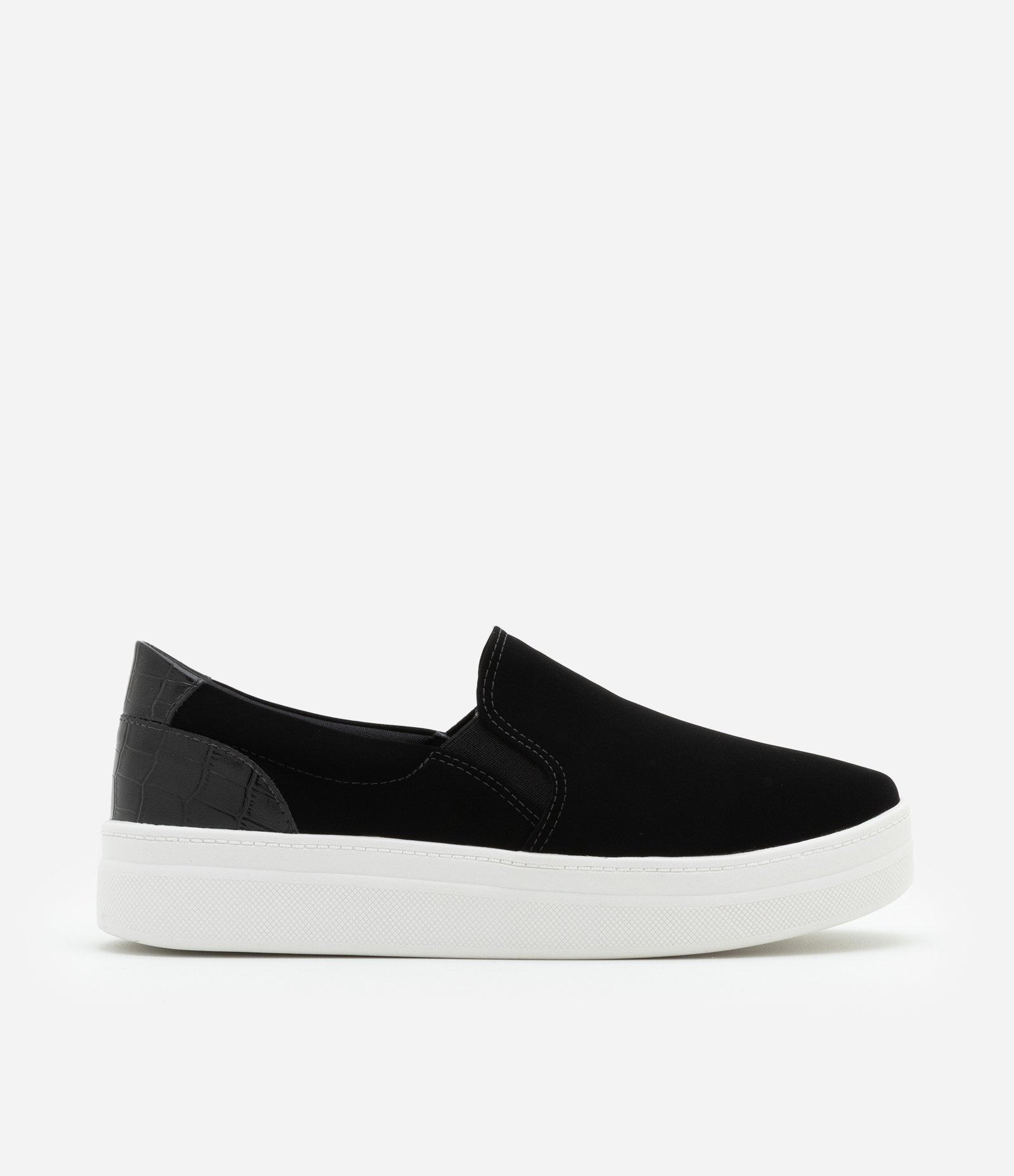 Tênis Slip On com Efeito Suede e Croco Preto/Branco 1