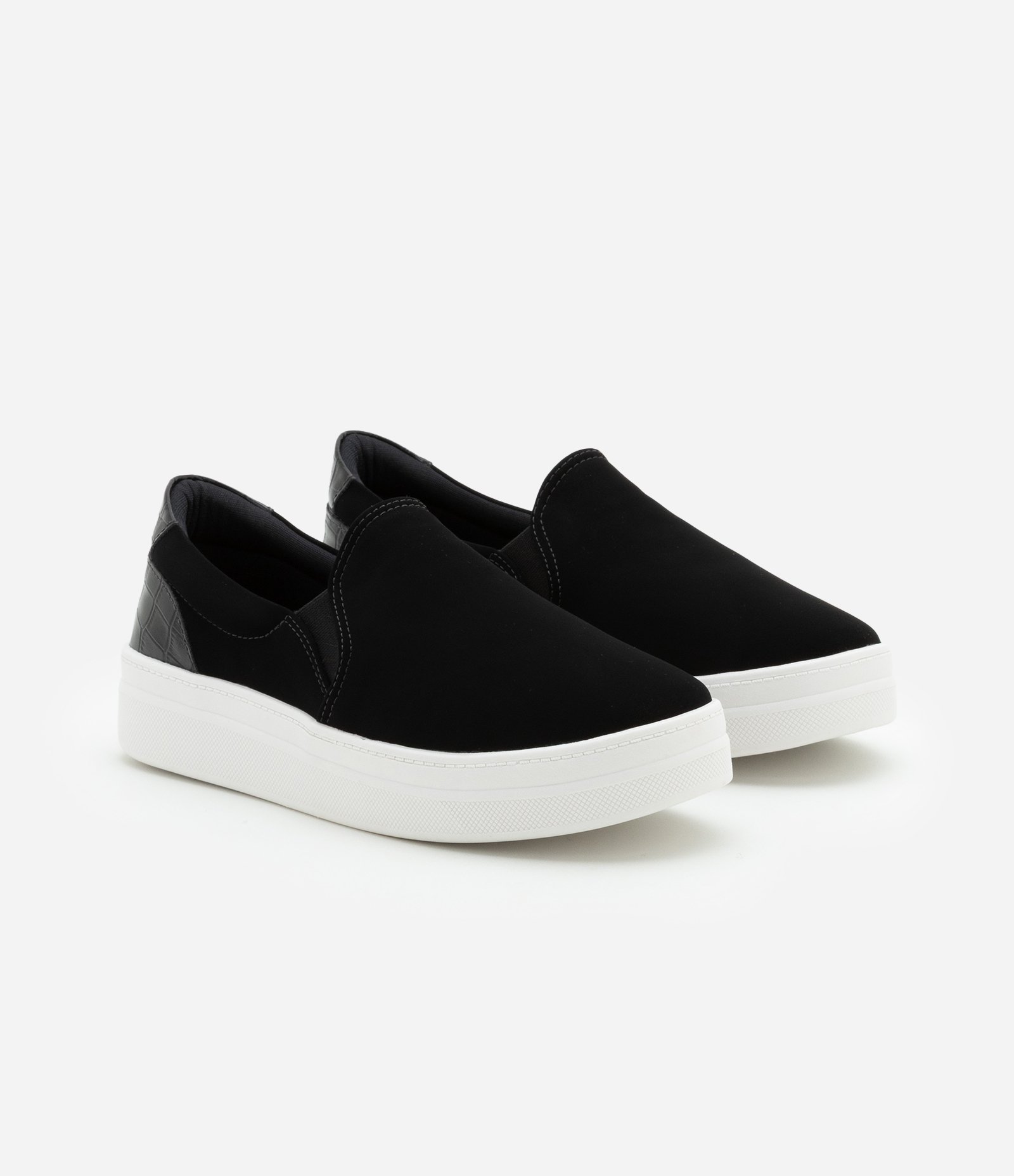 Tênis Slip On com Efeito Suede e Croco Preto/Branco 2