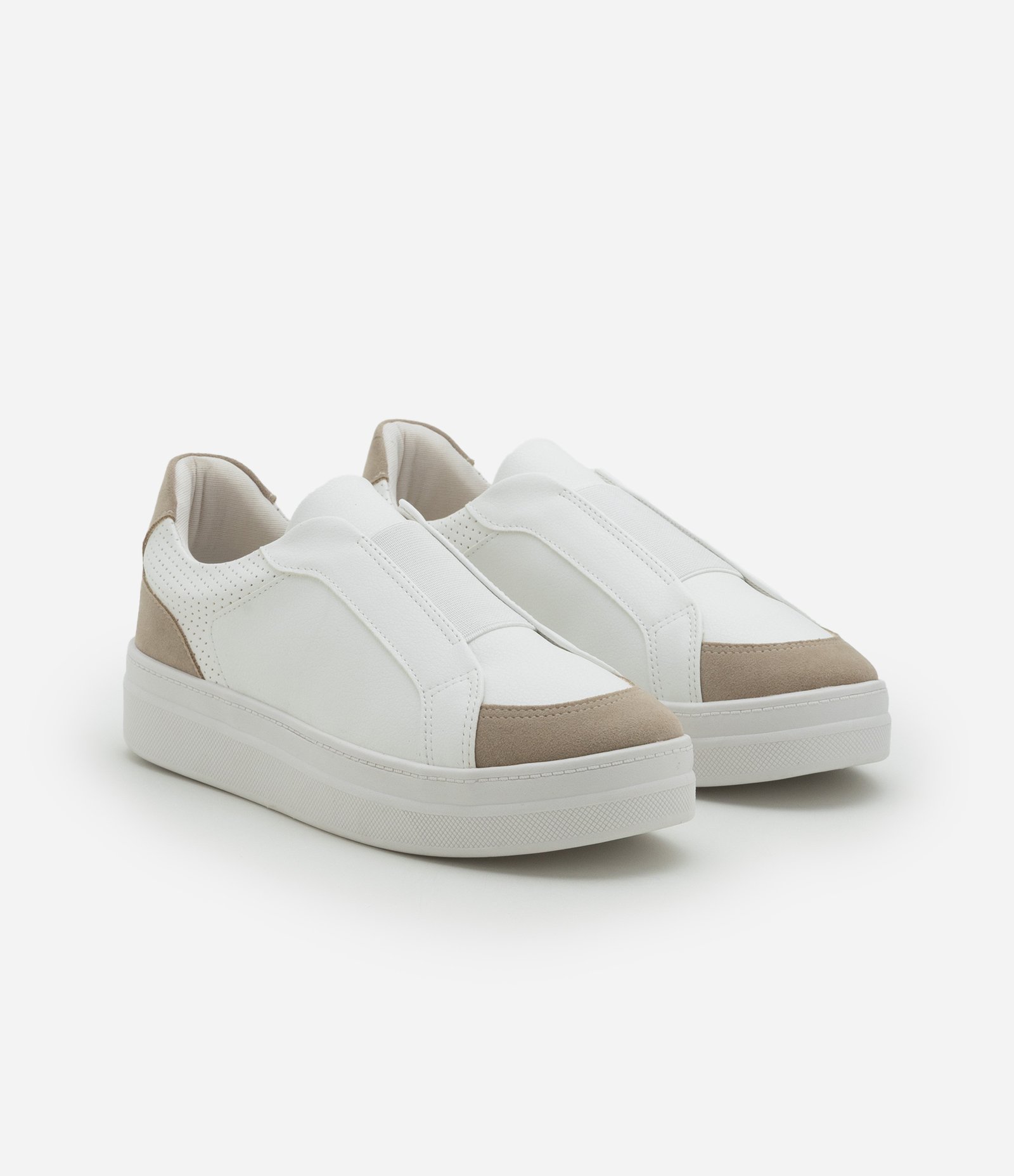 Tênis Slip On em PU com Recortes e Elástico para Calce Off White/ Marrom 2