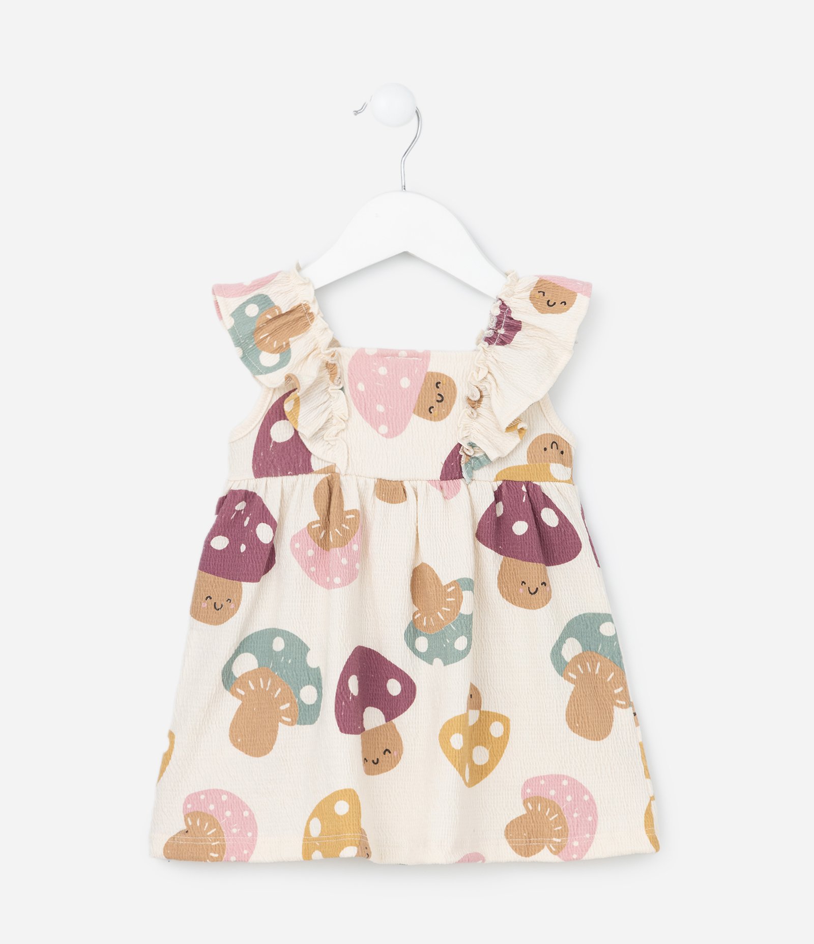 Vestido Infantil Texturizado com Estampa Cogumelos - Tam 0 a 18 meses Bege 2