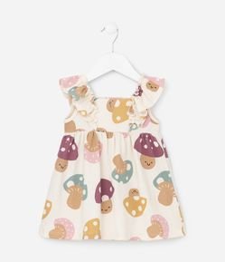 Vestido Infantil Texturizado com Estampa Cogumelos - Tam 0 a 18 meses
