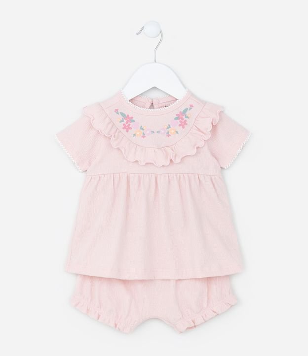 Conjunto Texturizado Infantil com Babadinho e Bordado Floral - Tam 0 a 18 meses