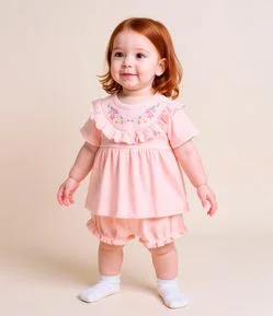 Conjunto Texturizado Infantil com Babadinho e Bordado Floral - Tam 0 a 18 meses