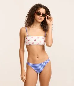 Biquíni Calcinha em Microfibra com Estampa Xadrez Vichy e Bordado de Cereja