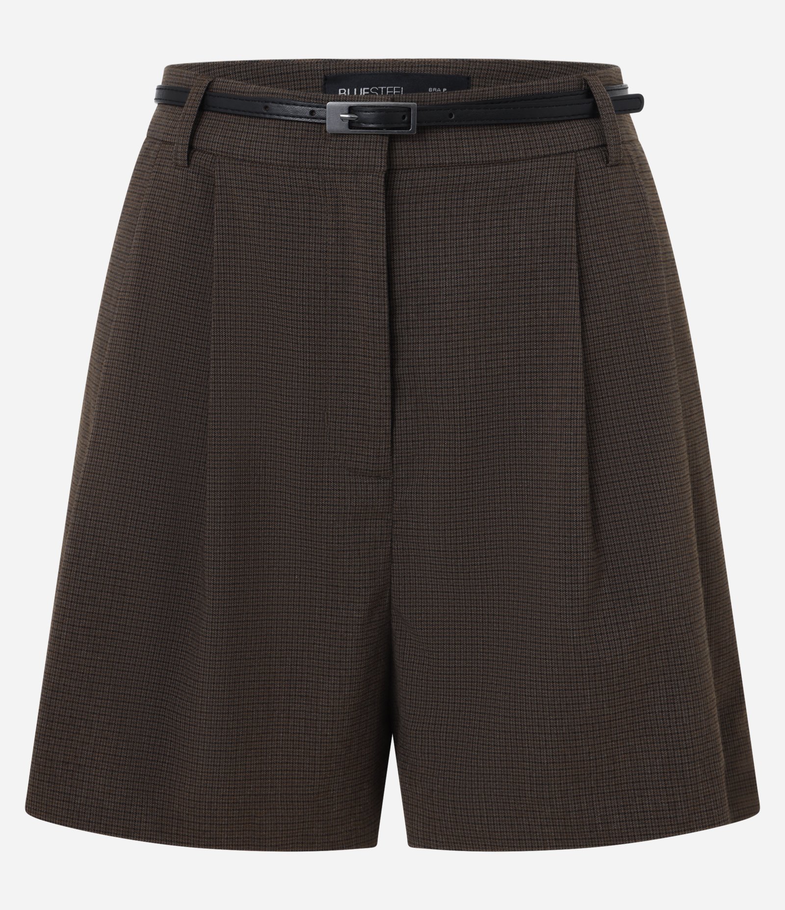 Short Alfaiataria Xadrez com Cinto Fino e Fivela Marrom 6