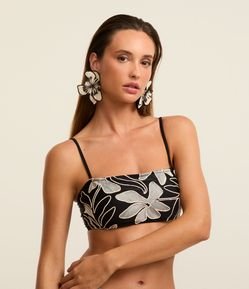 Biquíni Top Bandeau em Microfibra com Bordado Floral Contrastante