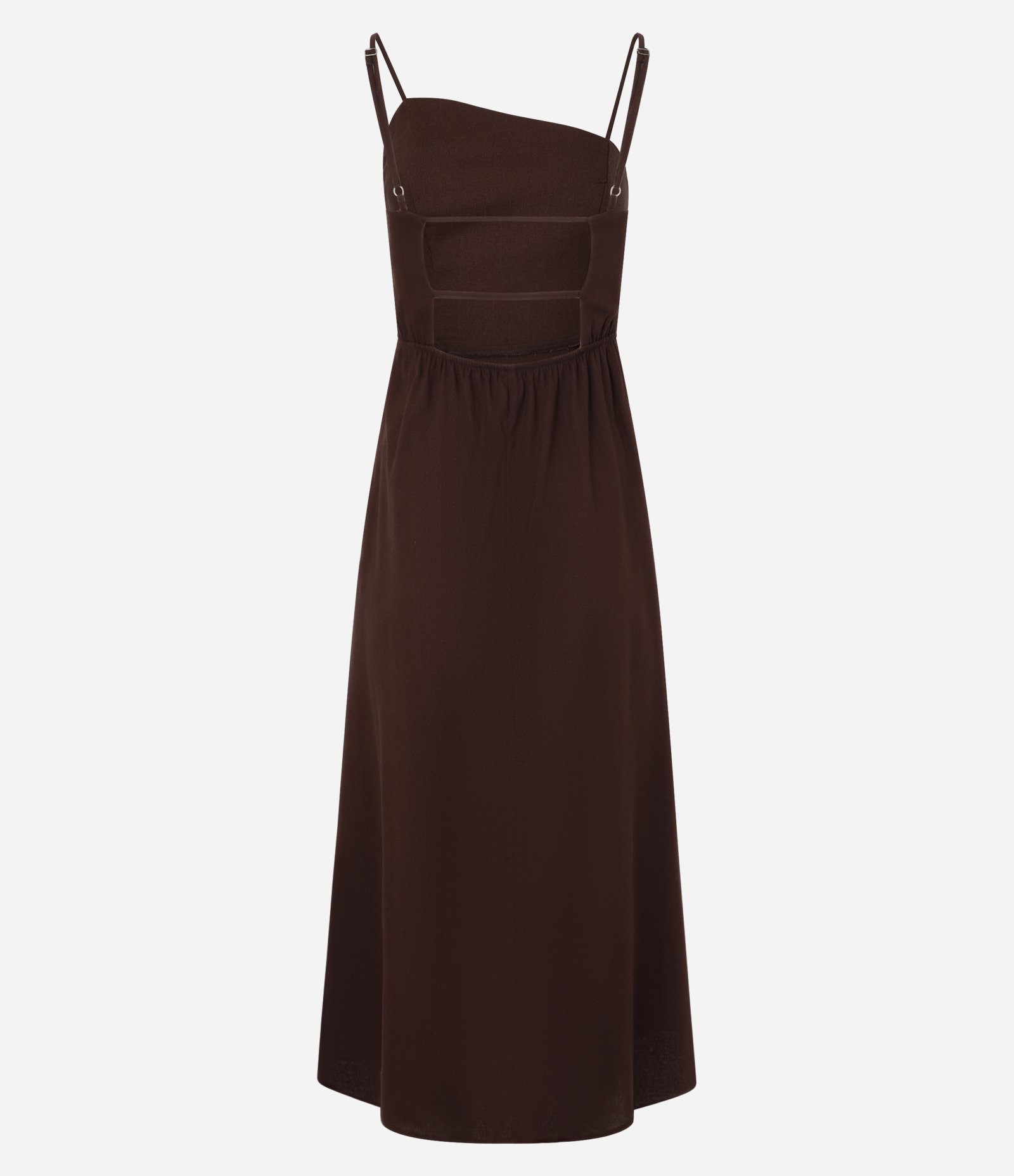 Vestido Longo em Viscose e Linho com Decote Assimétrico e Fenda Lateral Marrom 6