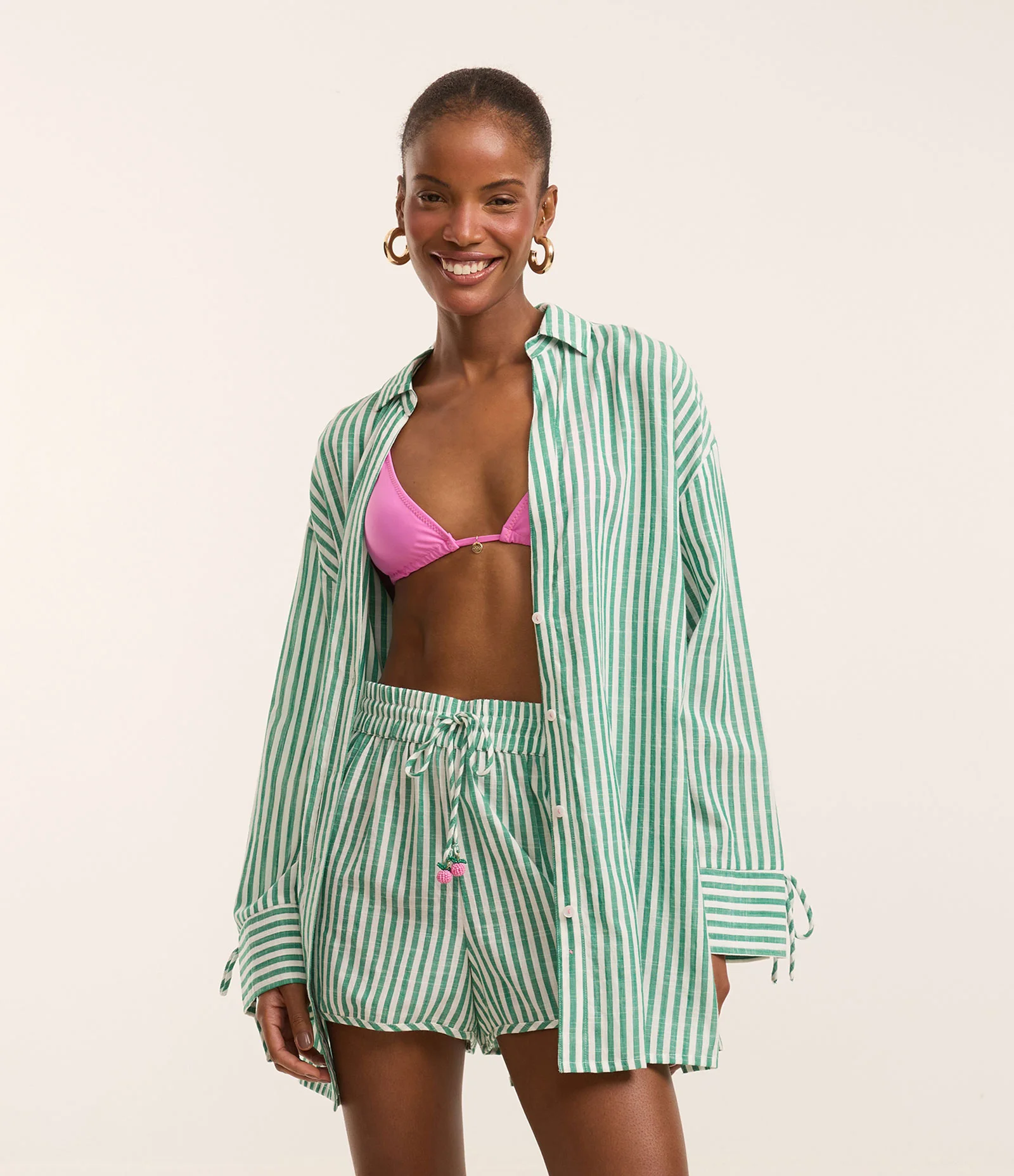 Saída de Praia Chemise em Tricoline Listrado com Amarração no Pulso Verde 2
