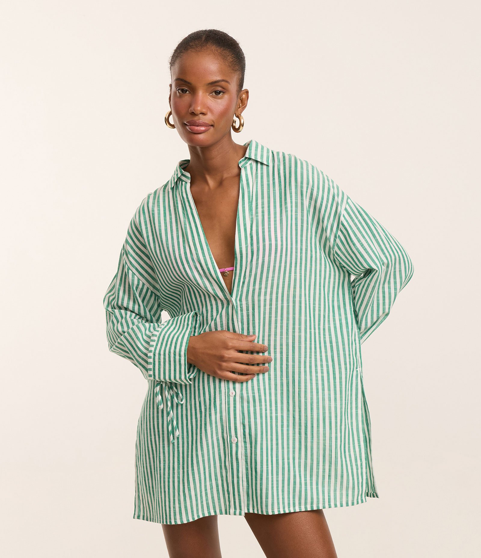 Saída de Praia Chemise em Tricoline Listrado com Amarração no Pulso Verde 3