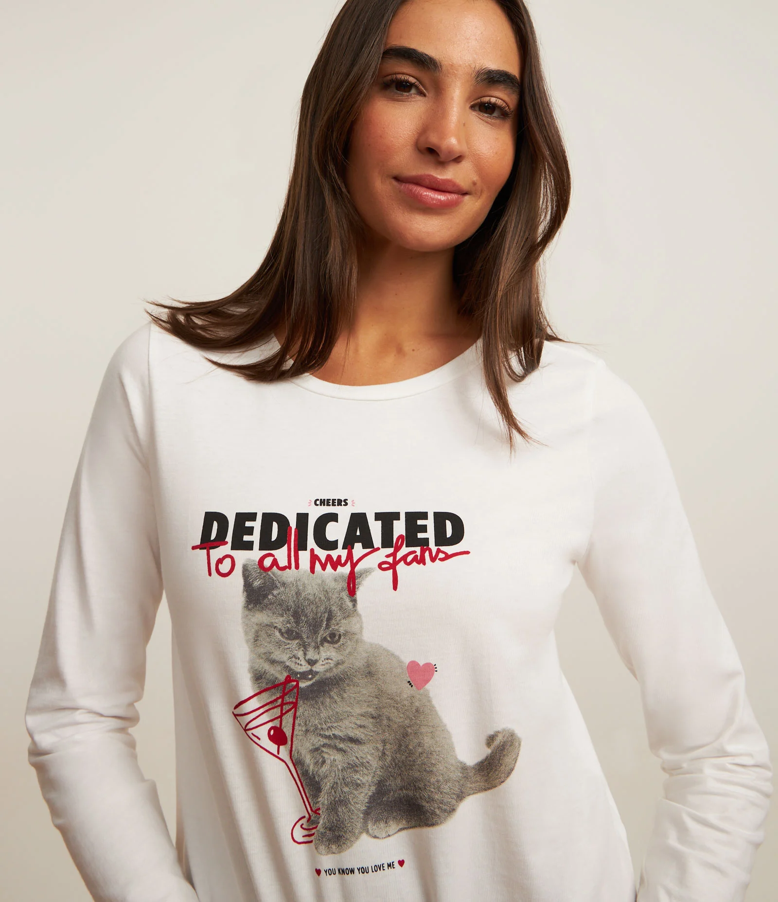 Pijama Longo em Malha com Estampa Gatinho Dedicated to All my Fans Branco/Vermelho 2