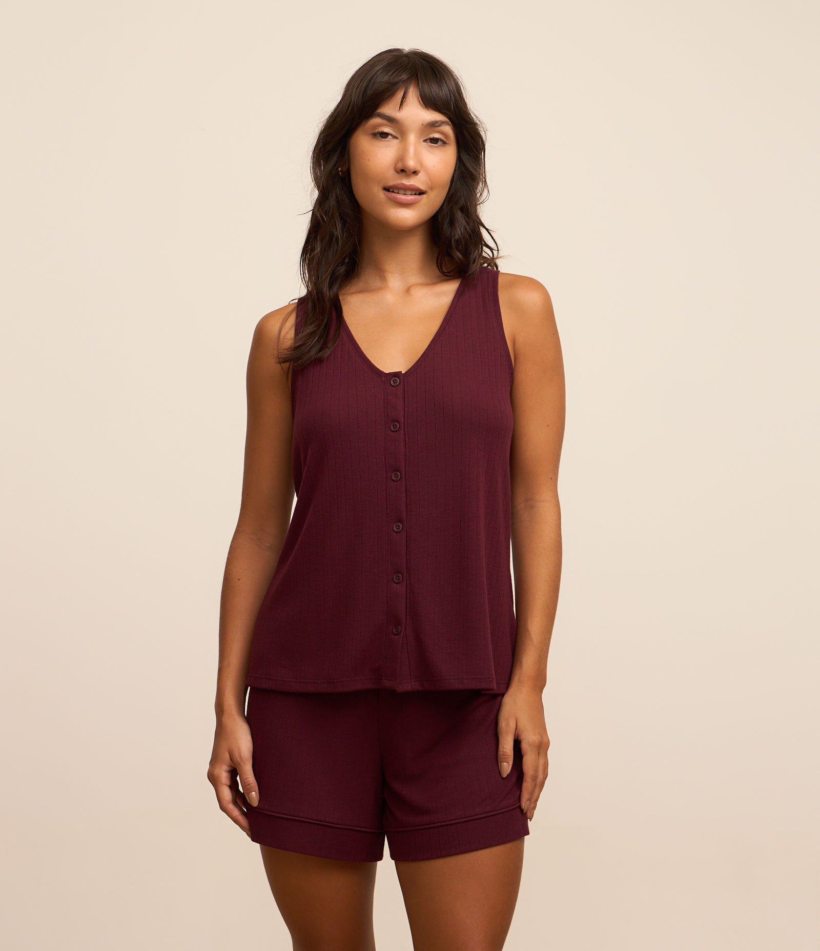 Pijama Short Doll em Ribana com Abotoamento na Blusa Vinho 1